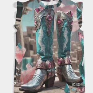 ICJUK Charming Ruffle Sleeve Top Turquoise and Pink Cowboy Boots